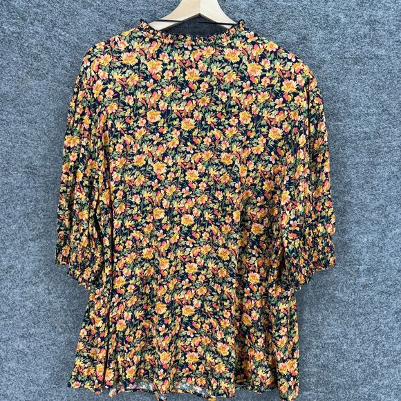 Terra & Sky Blouse Women 2X Plus Black Floral V-Neck 3/4 Sleeve Rayon Casual - Picture 2 of 7
